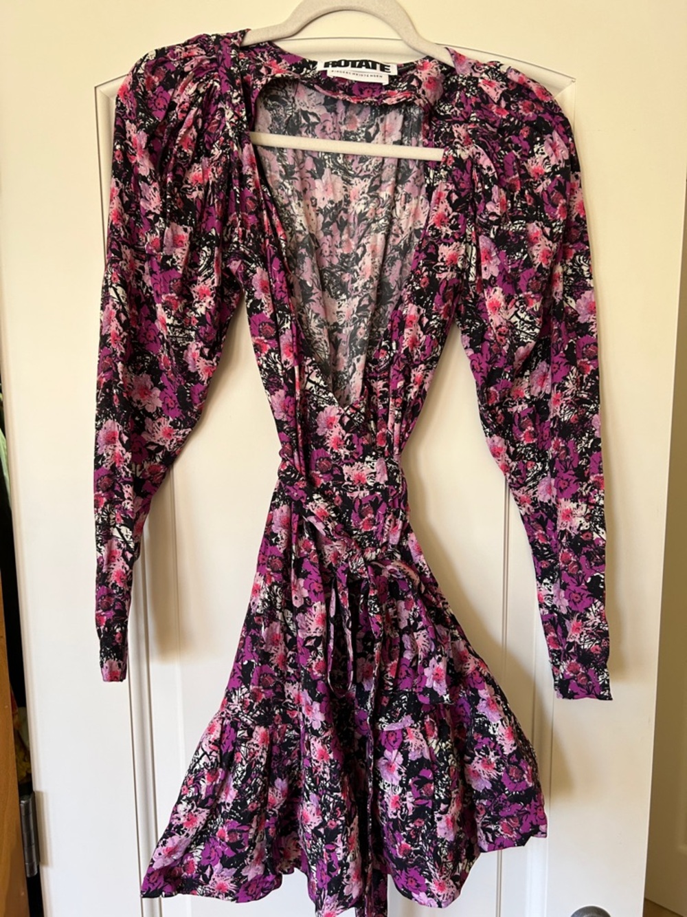 Rotate Birger ChristensenFloral Wrap Mini Dress in Pink with Structured hem